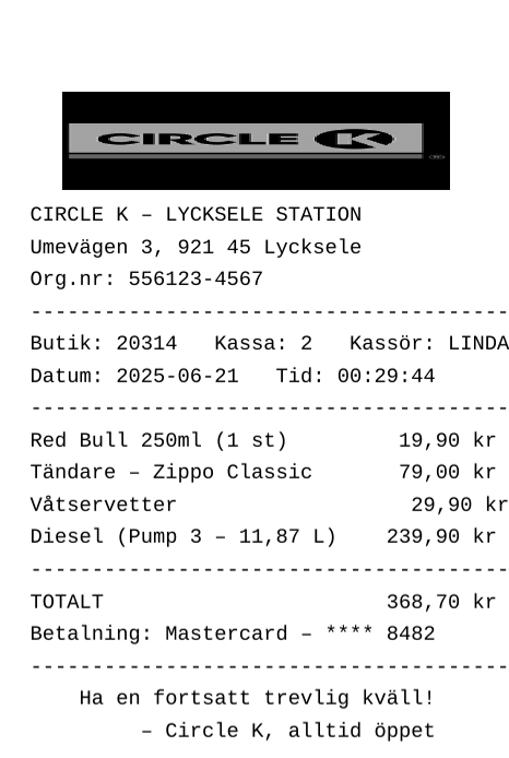 Kvitto – Circle K Lycksele